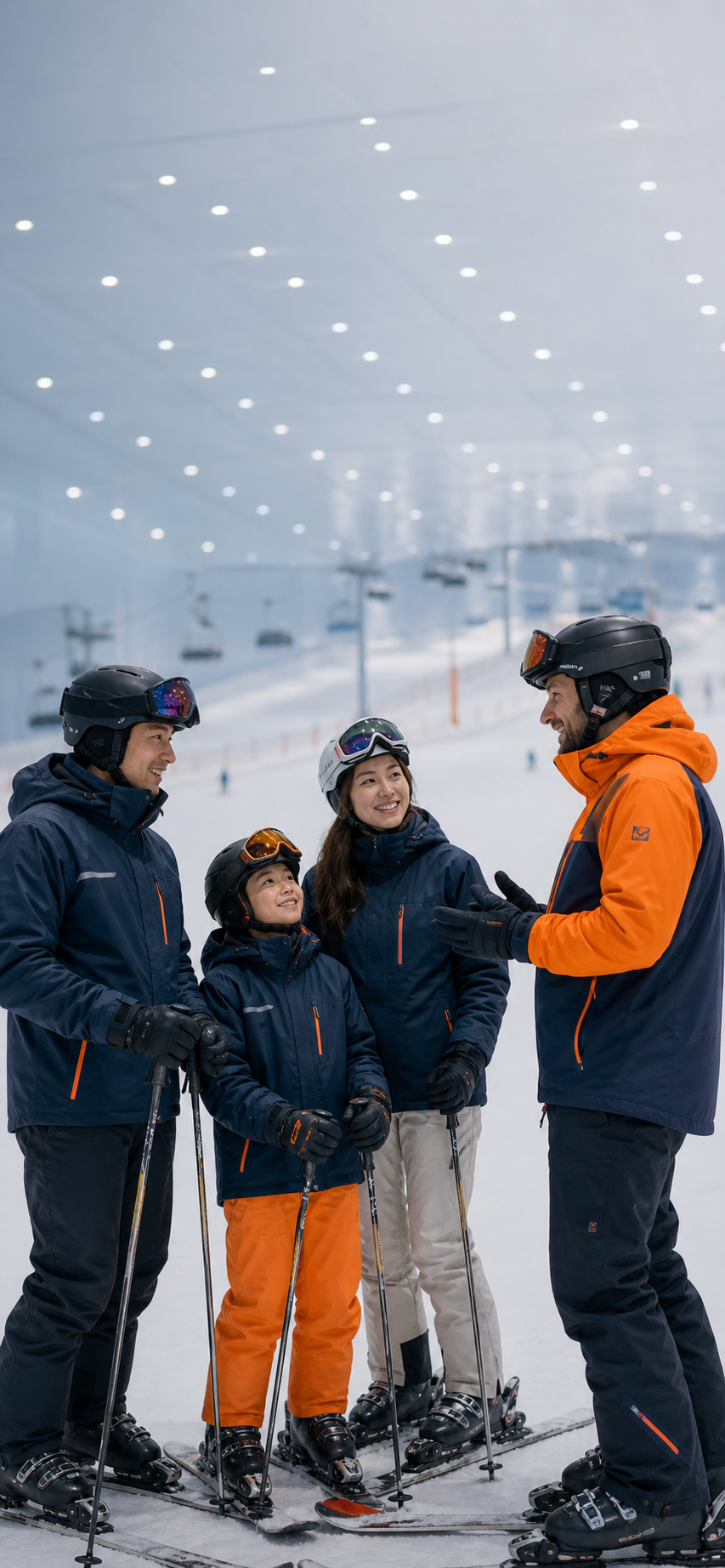 教练在室内雪场为不同学员讲解滑雪路径